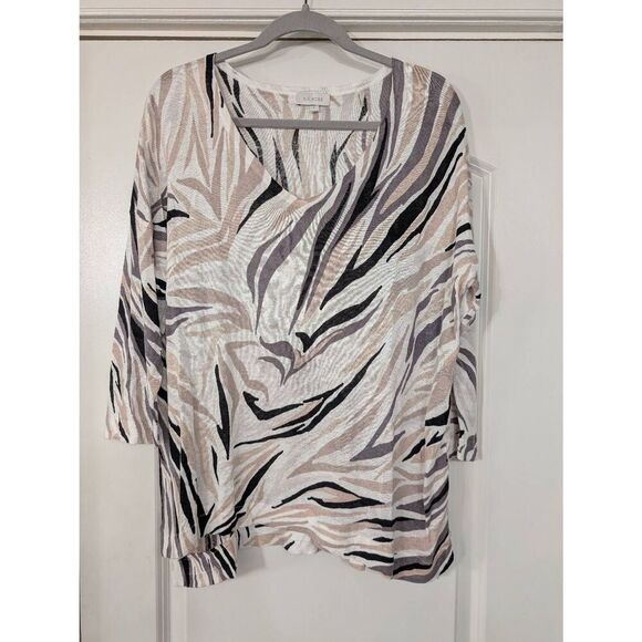 Kinross Linen‎ Sweater women's Large tan black neutral swirls modern lagenlook - Picture 1 of 7